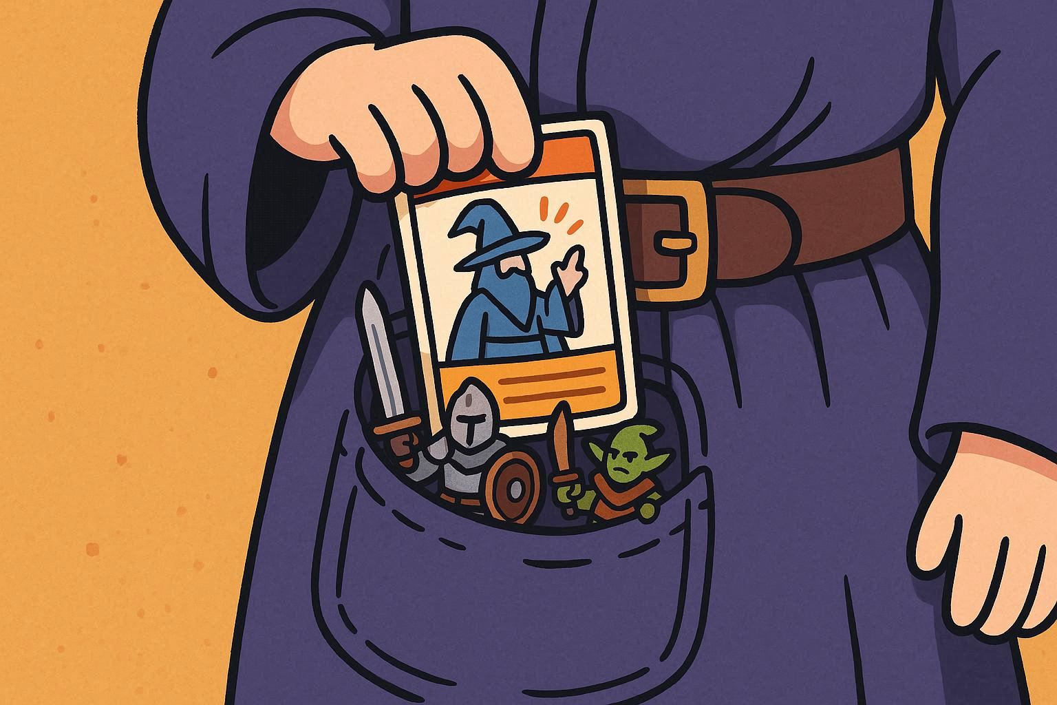 Illustration of a person holding a card with a wizard in their pocket against an orange background